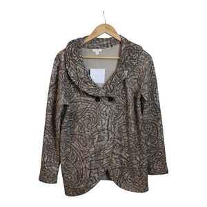 PURE JILL Curved-Front‎ Printed Cardi Light Mocha Textured Paisley SMALL